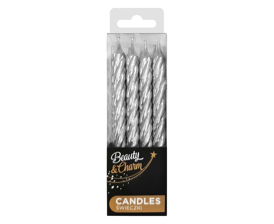 B&C CANDLES WITH STANDS, SCREW SILVER, 8 CM, 12 PCS. GODAN